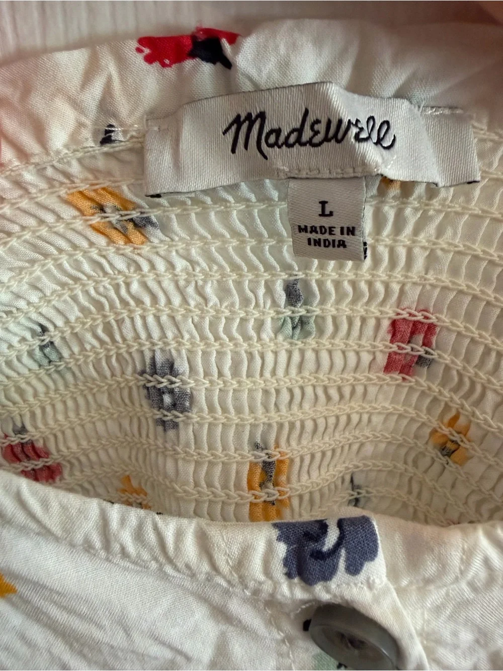 Madewell White & Floral Smocked Button Down Puff Sleeve Top - Size L